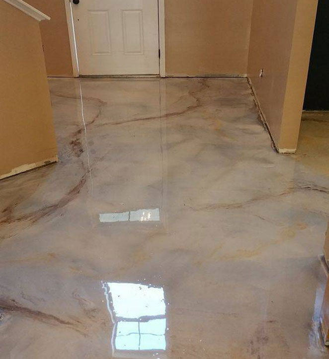 Brown wall, white door, and a beatiful epoxy flooring in West Palm Beach FL.